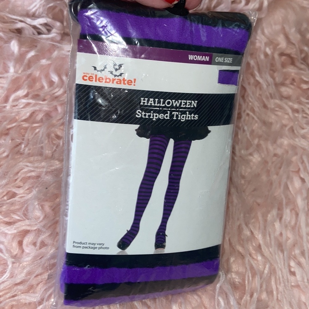 Celebrate OS Black & Purple Striped Tights Halloween October Witch